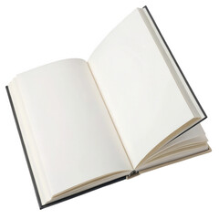 Photo of an open book with blank white pages isolated on transparent background