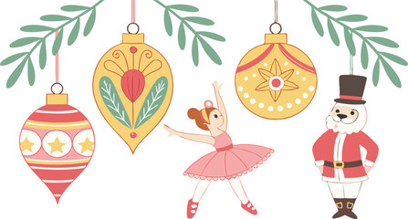 Charming Christmas Ballerina with Ornate Ornaments and Nutcracker: Festive, Whimsical Illustration