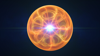 Glowing orange energy sphere with radiant plasma lines and bright core, isolated on a dark blue background