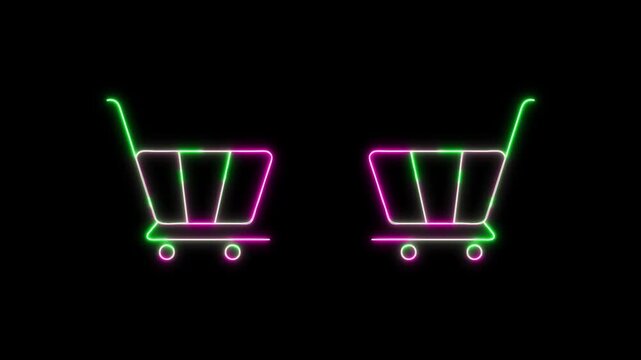 4K Animated Neon Glowing shopping cart Icons Made of Colorful Beads lines on black background.