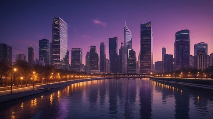 Fototapeta premium Vibrant city skyline at dusk with illuminated skyscrapers reflecting in river water, urban architecture with purple and blue twilight sky