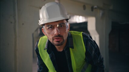 POV rotary drill busy Caucasian worker repairman builder handyman drilling man contractor holding...