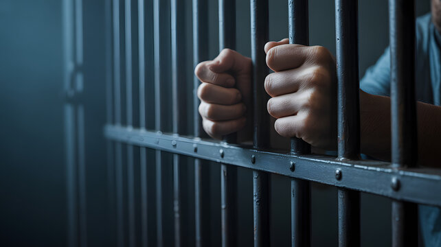 Hands gripping metal jail bars evoke a somber atmosphere, symbolizing imprisonment, crime, and the struggle for freedom within a confined space.