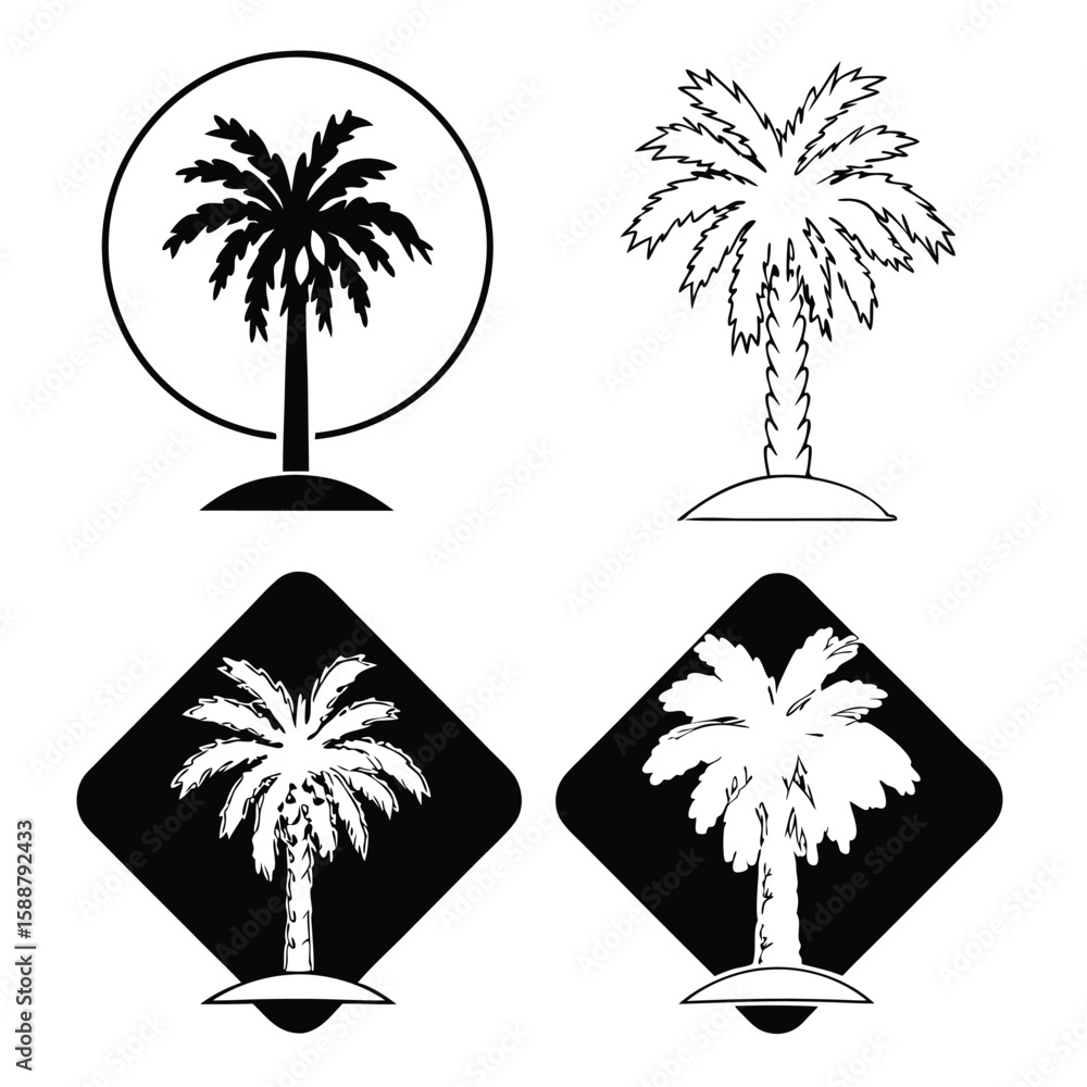 Poster Set of Palm Tree Icons in Various Styles Black and White Design Elements on transparent background