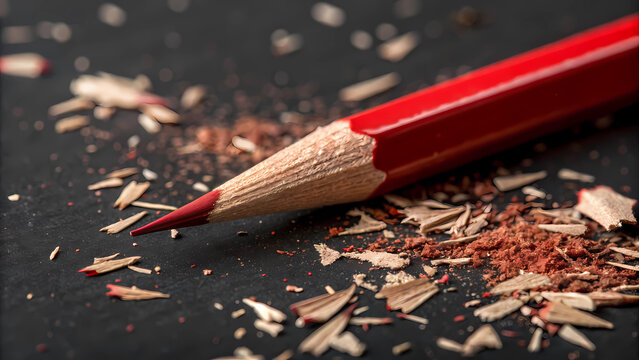 A close up of a sharpened red pencil with shavings on a dark surface creating a detailed image view