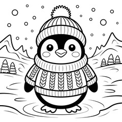 Cute penguin wearing a winter sweater and hat in snowy landscape, coloring page for kids
