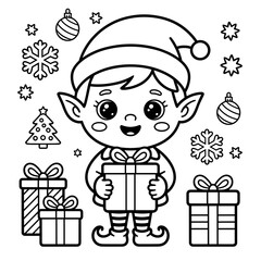 Cute Christmas elf holding present surrounded by snowflakes and gifts, coloring page for kids