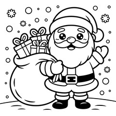 Santa Claus carrying a sack of gifts in a snowy winter scene, coloring page for kids