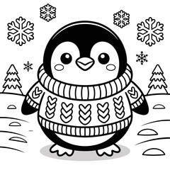 Cute penguin in winter sweater standing in snowy landscape, coloring page for kids