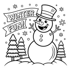 Snowman with hat and smile in winter landscape with trees and snow, coloring page for kids