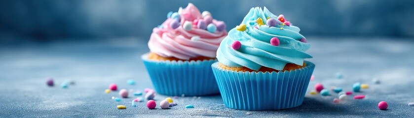Two colorful cupcakes with pink and blue frosting, decorated with small round sprinkles, sitting on a textured surface.