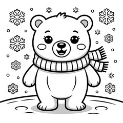 Cartoon bear wearing scarf standing in snowfall with snowflakes, coloring page for kids