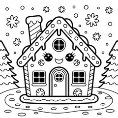 Gingerbread house illustration surrounded by snowflakes and trees, coloring page for kids