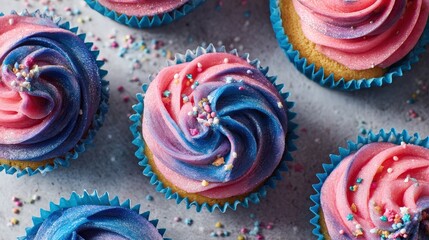 Colorful cupcakes with swirled pink and blue frosting topped with rainbow sprinkles, arranged closely on a textured surface.