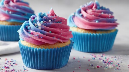 Three vanilla cupcakes with vibrant pink and blue swirled frosting topped with colorful sprinkles in blue wrappers on a light surface.