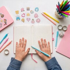 Teen Girl Journaling With Stickers and Creative Desk Setup