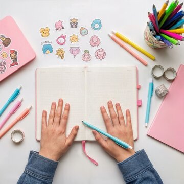 Teen Girl Journaling With Stickers and Creative Desk Setup
