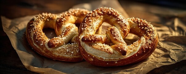 Two freshly baked soft pretzels sprinkled with coarse salt, resting on brown parchment paper on a wooden surface.