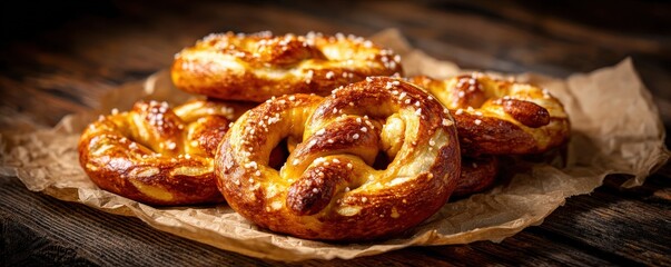 Soft, golden-brown pretzels with coarse salt sit on brown parchment paper over a rustic wooden surface.