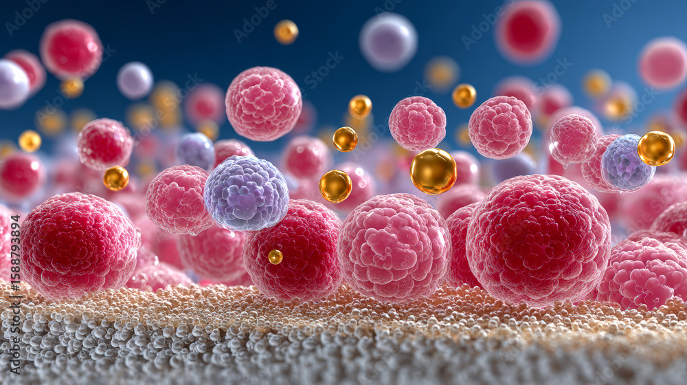 Poster immersive view of vibrant cells and nanosensors interacting in biological environment, showcasing in