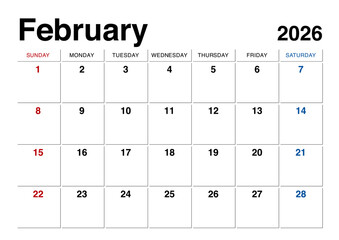 2026年2月のカレンダー日曜始まり 日本の祝日表記無し
