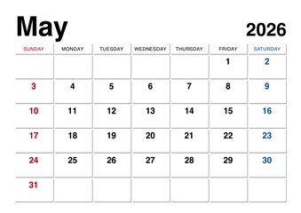 2026年5月のカレンダー日曜始まり 日本の祝日表記無し
