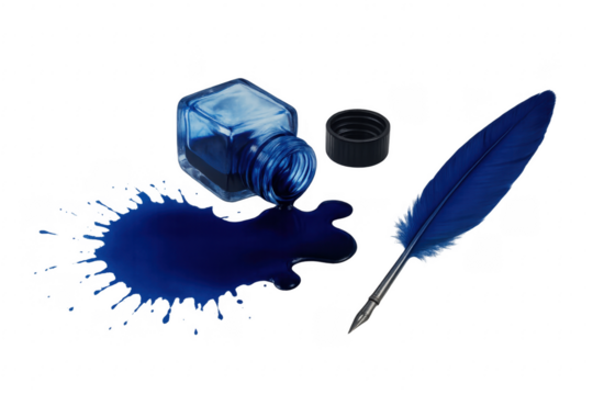 Spilled blue ink bottle, quill and transparent background creating a vintage writing concept