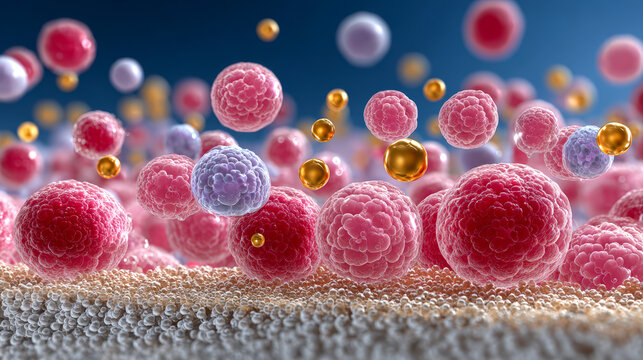 Immersive view of vibrant cells and nanosensors interacting in biological environment, showcasing intricate details and dynamic movement