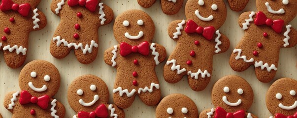 Smiling gingerbread cookies decorated with white icing and red bow ties, arranged on a wooden surface.