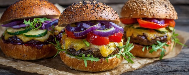 Three gourmet cheeseburgers with fresh arugula, grilled onions, tomatoes, and seeded buns on rustic parchment paper.