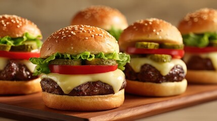 Juicy cheeseburgers with lettuce, tomato, pickles, and sesame seed buns are neatly arranged on a wooden serving board.