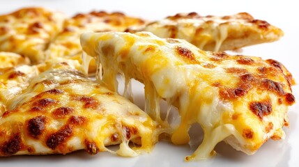 A close-up of a cheesy pizza slice being pulled away, showcasing melted, bubbly cheese with a golden-brown crust.