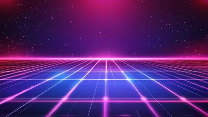 Futuristic neon grid expanding in a vibrant retro scifi space with glowing light effects - Powered by Adobe