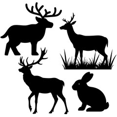 Silhouettes of deer and rabbit in a field of grass