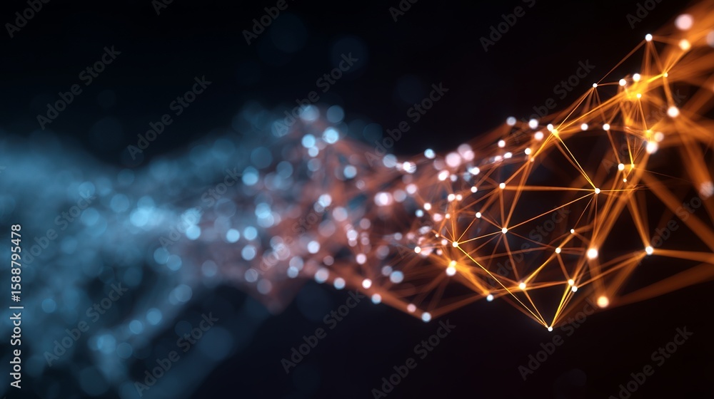 Poster interconnected network of nodes and lines representing data transmission and technological connectiv