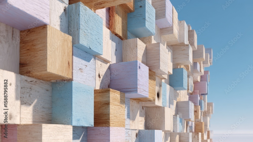 Aufkleber abstract wooden blocks in various pastel shades create a textured, geometric wall pattern with a 3d 
