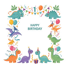 Naklejka premium Dinosaur Birthday Party Frame Illustration