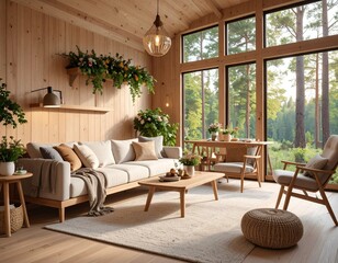 Interior of a tiny home surrounded by forest, every corner functional and decorated