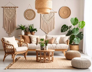 Bohemian living room interior with earthy tones, textured wall hangings, jute rugs