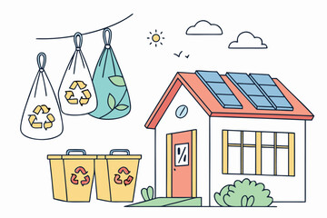 Obraz premium Illustration of a house with solar panels, recycling bins, and hanging recycling bags outdoors
