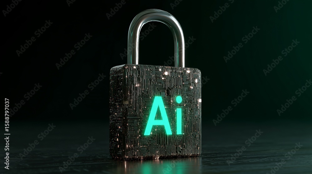 Poster artificial intelligence safety represented by digital metallic padlock highlighting machine learning