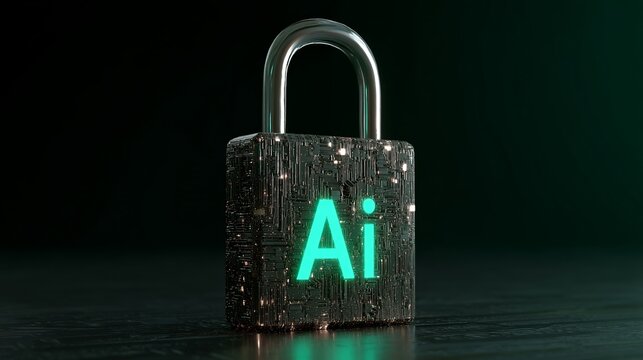 Artificial Intelligence safety represented by digital metallic padlock highlighting machine learning security in a dark background protecting data.