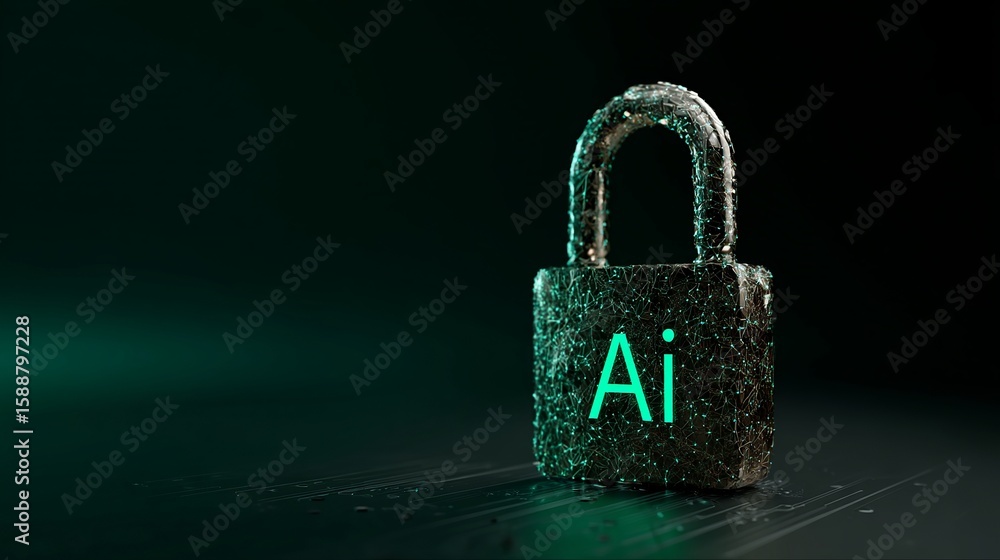 Poster artificial intelligence security with padlock representing data protection through advanced neural n