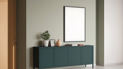Frame mockup, ISO A paper size. Living room wall poster mockup. Interior mockup with house background. Modern interior design. 3D render

