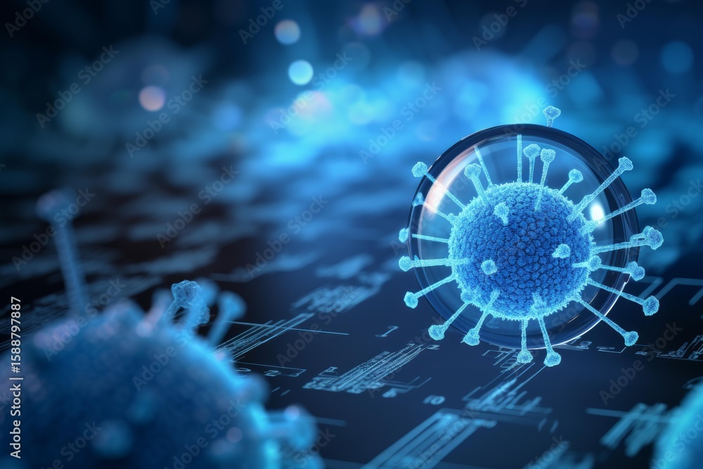 Poster microscopic view of coronavirus particle spreading on digital surface
