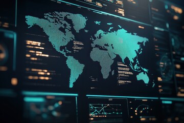 Digital World Map with Data Visualization and Geometric Patterns