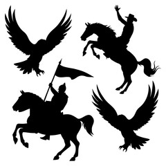 Silhouettes of a cowboy knight and eagles in flight