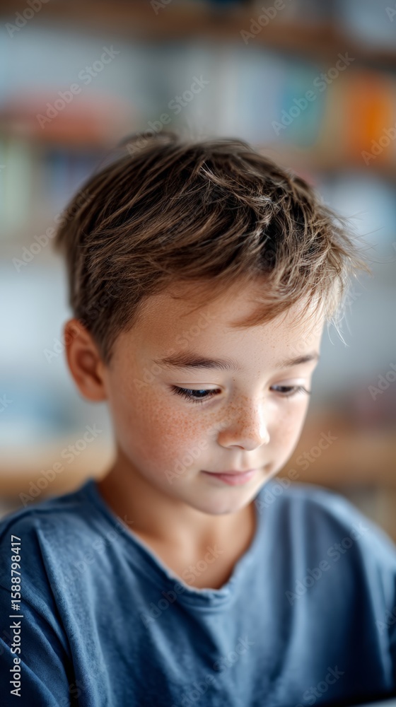 Aufkleber portrait of a focused child using a tablet for remote learning or homework, showcasing the challenge