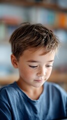 Portrait of a focused child using a tablet for remote learning or homework, showcasing the challenges and opportunities of education in the digital age