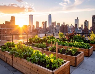 Fototapeta premium Home rooftop garden in the city, raised vegetable beds, soft lighting, and visible su